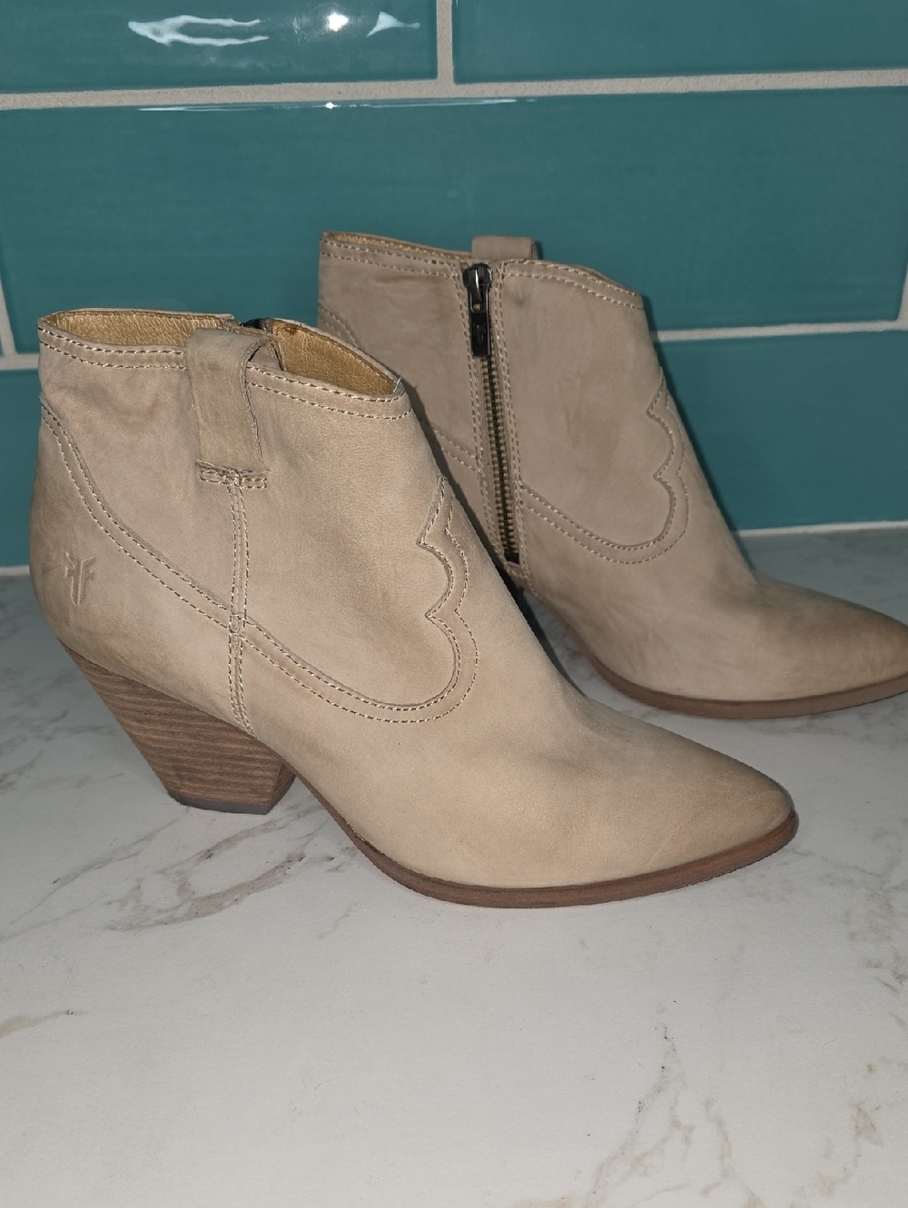Frye Reina  Taupe Suede Ankle Booties with Stacked Heel
